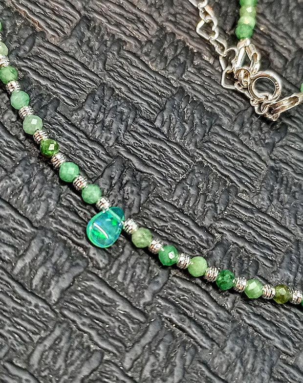 Colier argint smarald opal de foc etiopian verde brioleta minimalist boho chic trendy - Transport gratuit