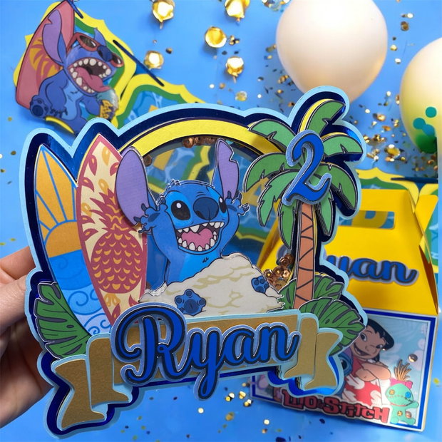 Topper de tort personalizat cu personajul Stitch. Decor tematic pentru aniversare