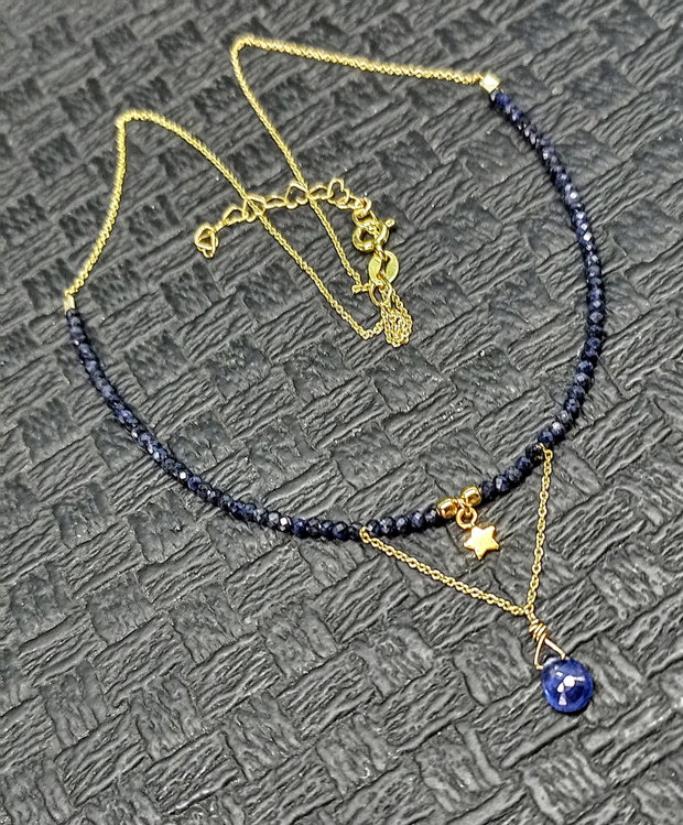 Colier argint placat cu aur safir natural brioleta lant charm stea vermeil minimalist boho chic trendy