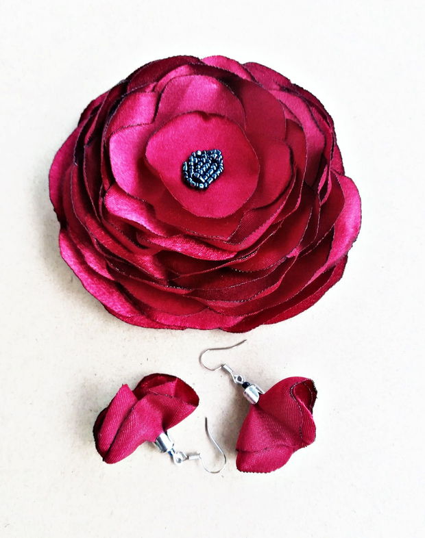 set floral brosa si cercei grena visiniu