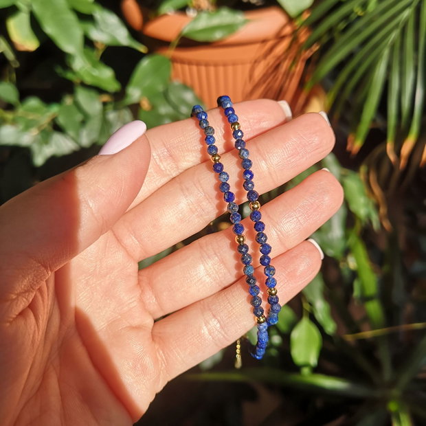 Colier din lapis lazuli natural, sfere fațetate 3.5 mm, cu bile, încuietoare și lanț de prelungire din argint