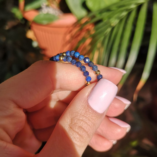 Colier din lapis lazuli natural, sfere fațetate 3.5 mm, cu bile, încuietoare și lanț de prelungire din argint