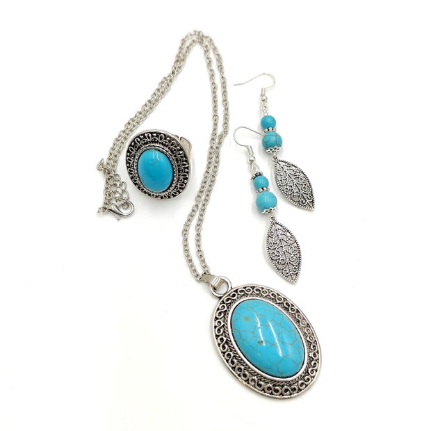 Set colier pandantiv, inel si cercei cu howlite turcoaz, 4427