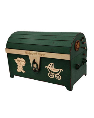 Cufar din lemn, Piksel, Verde, pentru Trusou Botez, 35x18x23 cm, lucrat manual