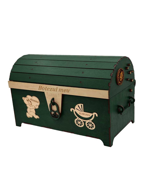 Cufar din lemn, Piksel, Verde, pentru Trusou Botez, 35x18x23 cm, lucrat manual