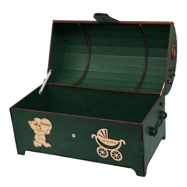 Cufar din lemn, Piksel, Verde, pentru Trusou Botez, 35x18x23 cm, lucrat manual