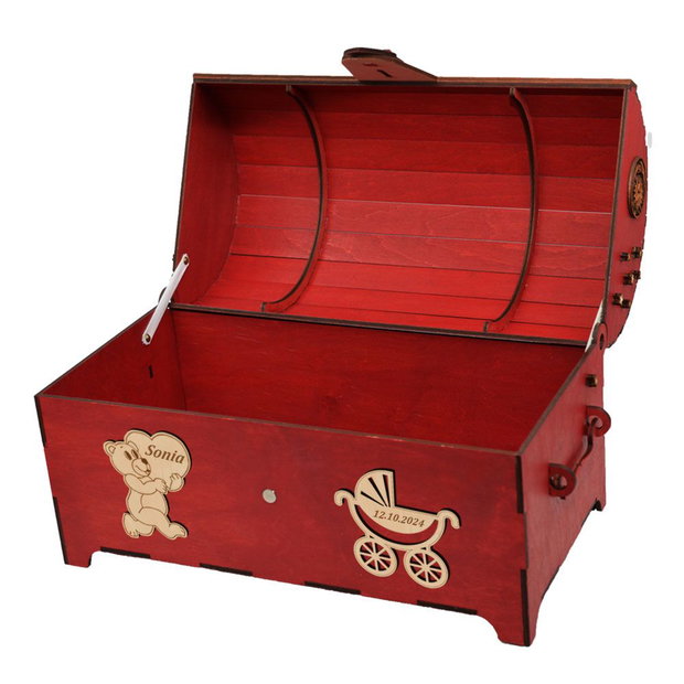 Cufar din lemn, Piksel, Rosu, pentru Trusou Botez, 35x18x23 cm, lucrat manual