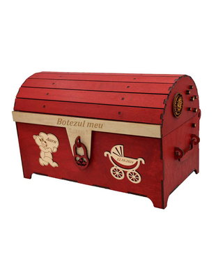 Cufar din lemn, Piksel, Rosu, pentru Trusou Botez, 35x18x23 cm, lucrat manual