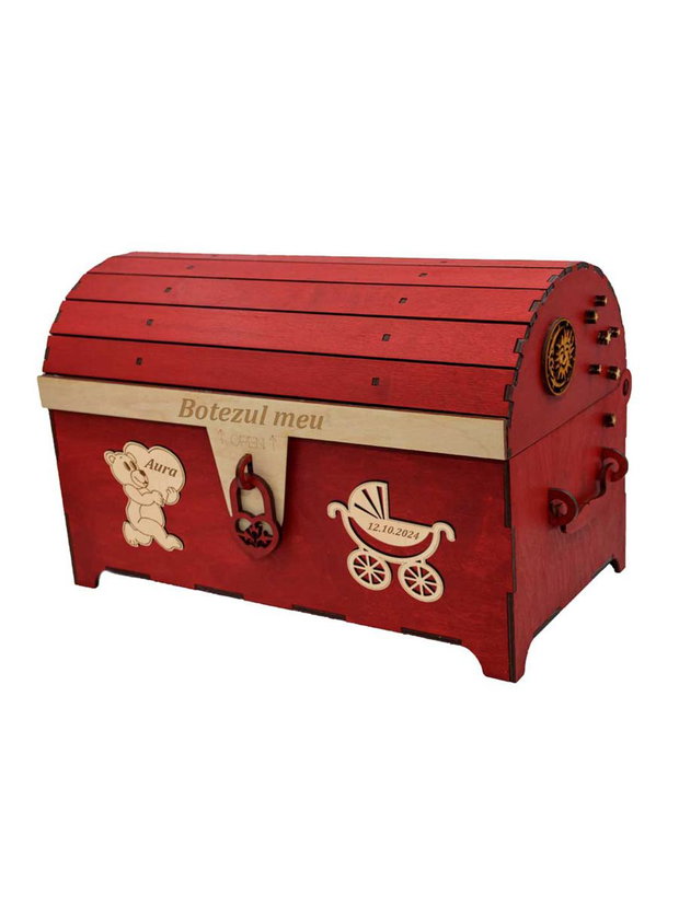 Cufar din lemn, Piksel, Rosu, pentru Trusou Botez, 35x18x23 cm, lucrat manual