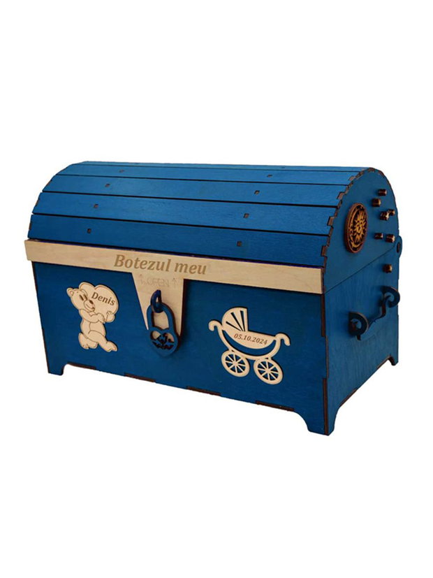 Cufar din lemn, Piksel, Albastru, pentru Trusou Botez, 35x18x23 cm, lucrat manual 399 LEI