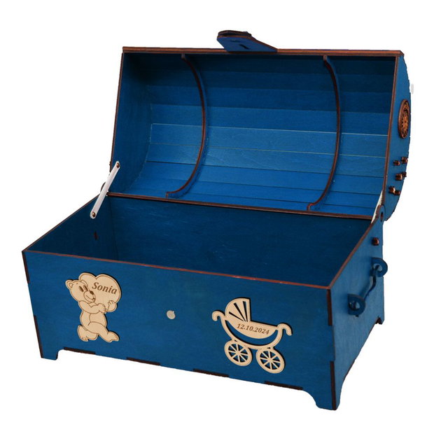 Cufar din lemn, Piksel, Albastru, pentru Trusou Botez, 35x18x23 cm, lucrat manual 399 LEI