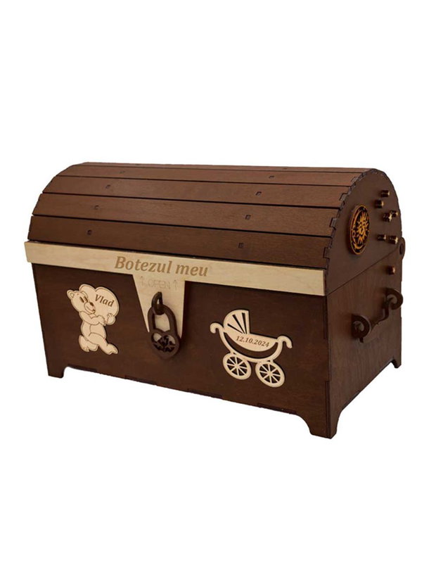 Cufar din lemn, Piksel, Maro, pentru Trusou Botez, 35x18x23 cm, lucrat manual