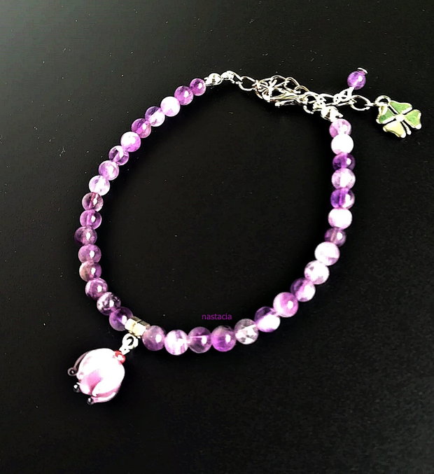 bratara argintata cu ametist si orhidee lampwork