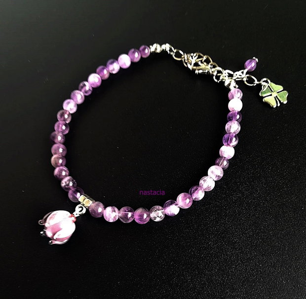 bratara argintata cu ametist si orhidee lampwork