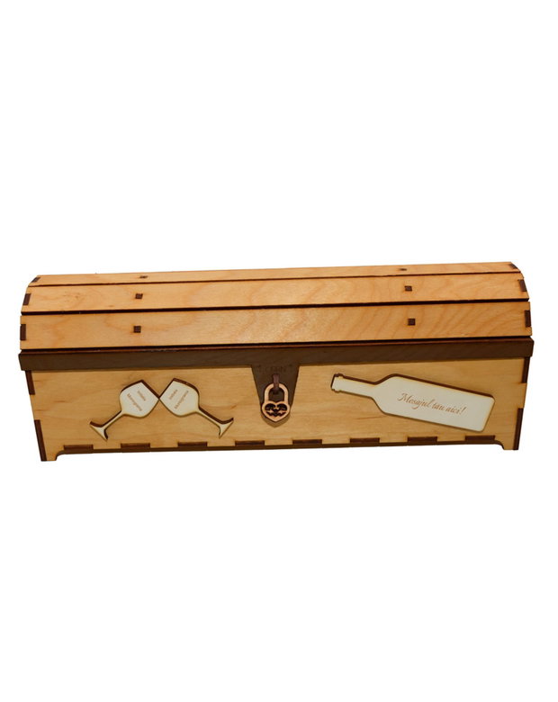 Cutie din lemn personalizata, pentru sticla de vin, cufar Handmade Piksel, natur