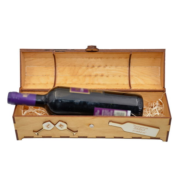 Cutie din lemn personalizata, pentru sticla de vin, cufar Handmade Piksel, natur