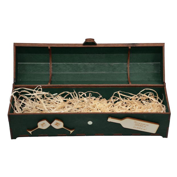 Cutie din lemn personalizata, pentru sticla de vin, cufar Handmade Piksel, verde