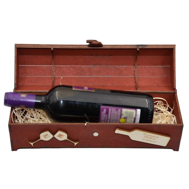 Cutie din lemn personalizata, pentru sticla de vin, cufar Handmade Piksel, rosu