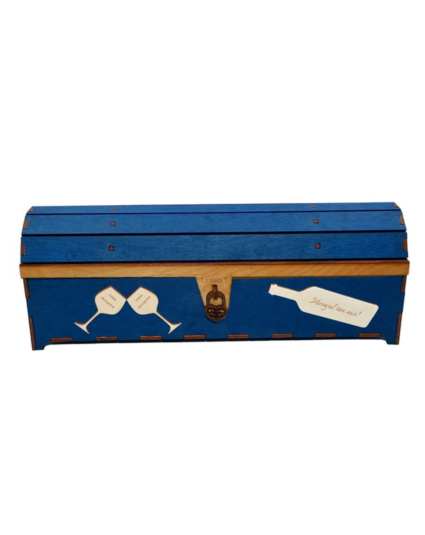 Cutie din lemn personalizata, pentru sticla de vin, cufar Handmade Piksel, albastru