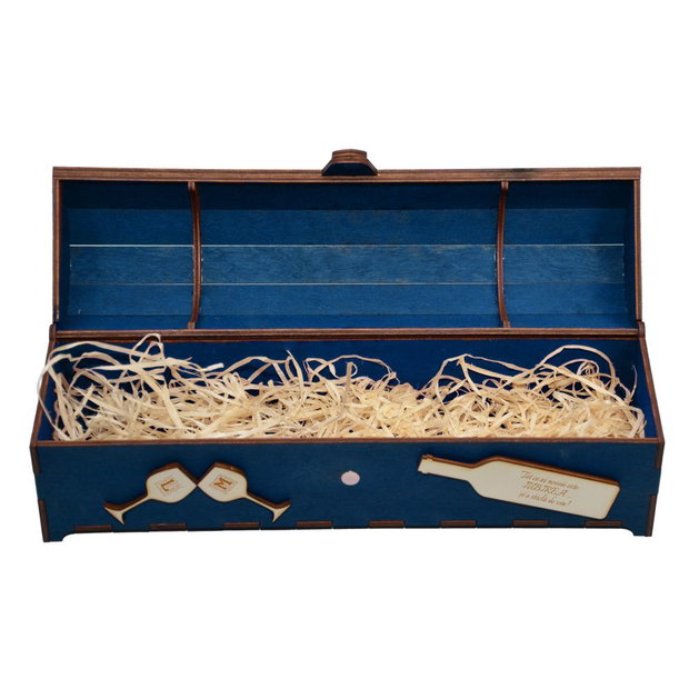 Cutie din lemn personalizata, pentru sticla de vin, cufar Handmade Piksel, albastru