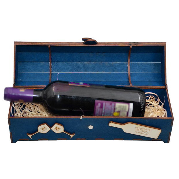 Cutie din lemn personalizata, pentru sticla de vin, cufar Handmade Piksel, albastru