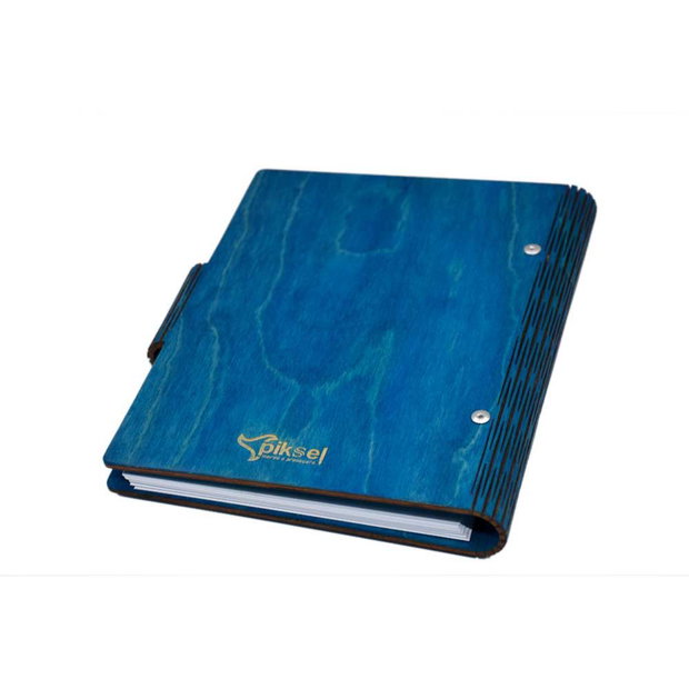 Agenda A5 din lemn personalizata, Albastra, Piksel, Absolvire, Profesori, Invatatori, 100 pagini si pix din lemn inclus
