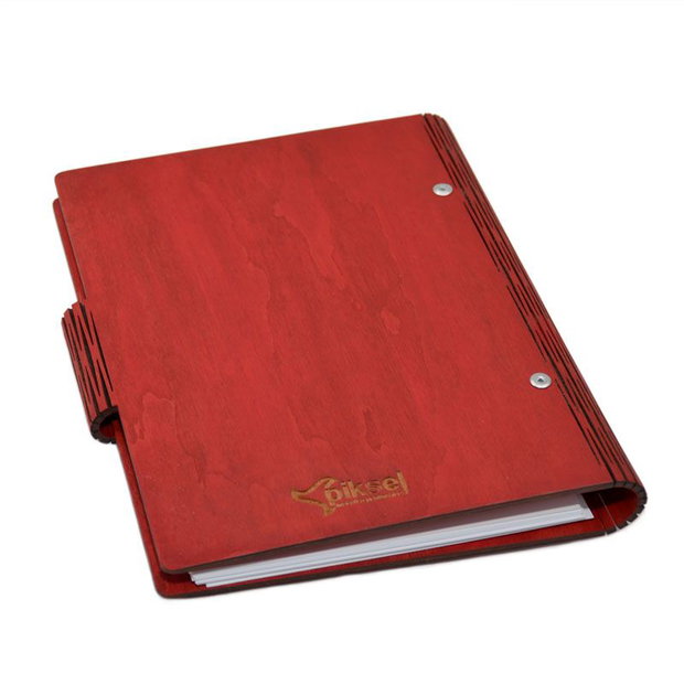 Agenda A5 din lemn personalizata, rosie, Piksel, Absolvire, Profesori, Invatatori, 100 pagini si pix din lemn inclus