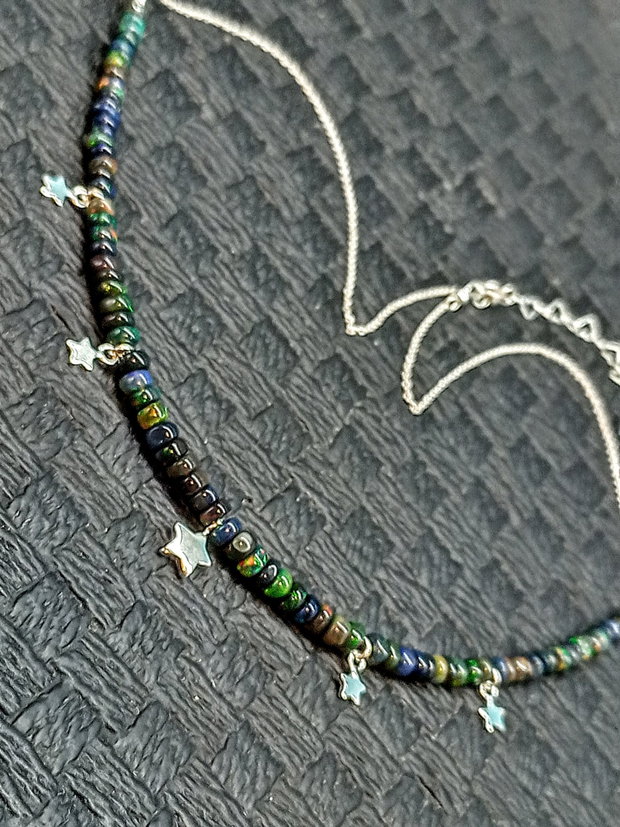 Colier argint opal de foc etiopian negru charm stele lant argint minimalist boho chic trendy - Transport gratuit