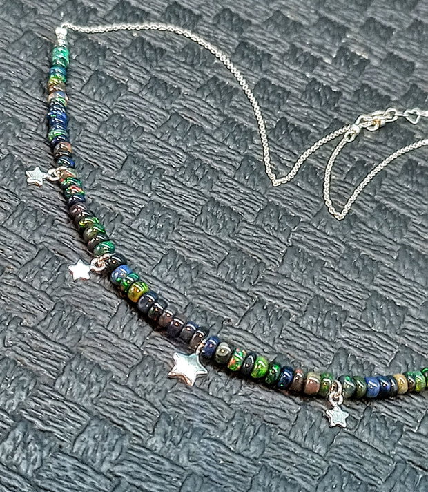 Colier argint opal de foc etiopian negru charm stele lant argint minimalist boho chic trendy - Transport gratuit