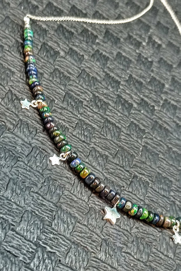 Colier argint opal de foc etiopian negru charm stele lant argint minimalist boho chic trendy - Transport gratuit