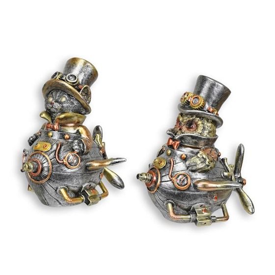 Bufnita si pisica-statuete steampunk din rasini