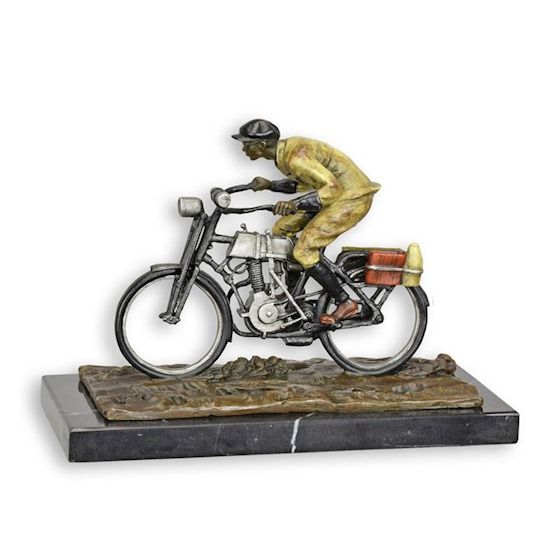 Biciclist-statueta bronz pictat cu soclu din marmura