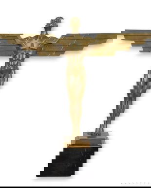 Icar-statueta Art Deco din bronz pe un soclu din marmura