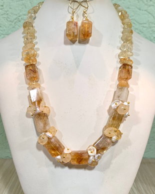 SET~PRECIOUS HONEY CITRINE~citrin,perle de cultură,inox aurit