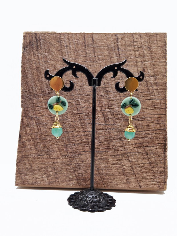 Cercei "Little Turquoise Lemons" din lut polimeric, dolomit si inox auriu