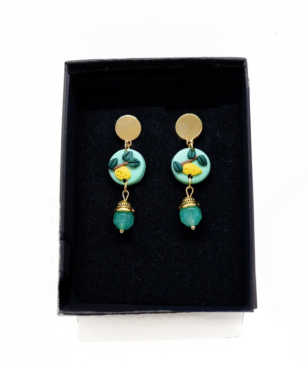 Cercei "Little Turquoise Lemons" din lut polimeric, dolomit si inox auriu