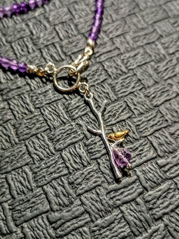 Colier argint ametist charm 2 tonuri argint vermeil inchidere frontala minimalist boho chic trendy - Transport gratuit