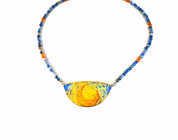 Colier "Van Gogh-Moon" din fragment de portelan, sodalit, agate si argint placat cu aur