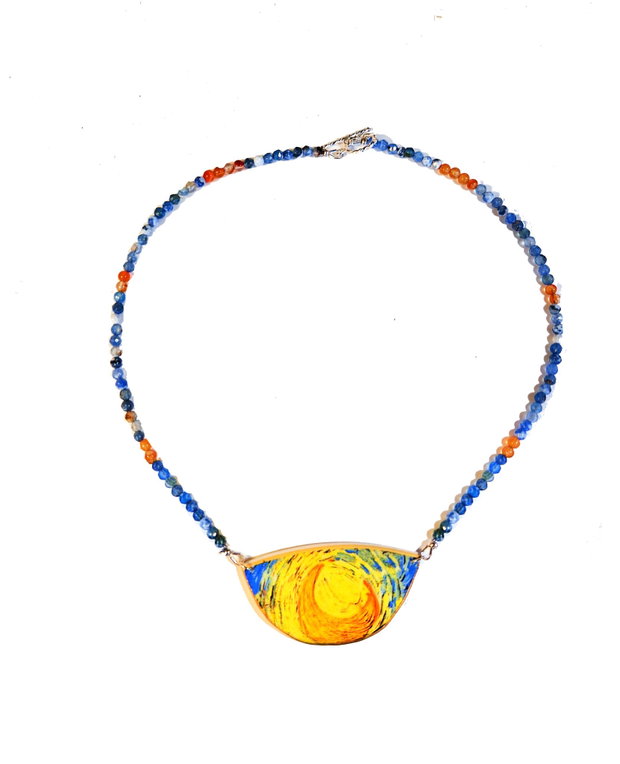 Colier "Van Gogh-Moon" din fragment de portelan, sodalit, agate si argint placat cu aur