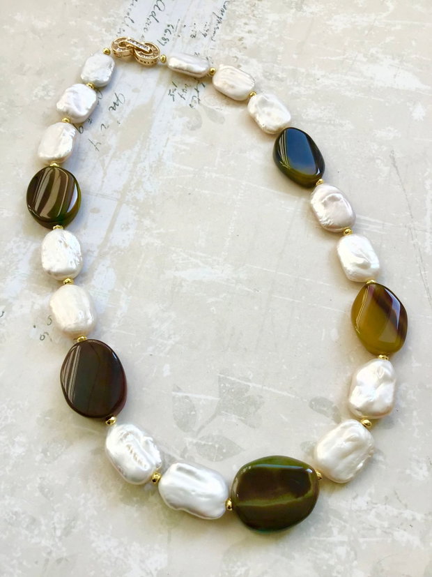 Colier perle baroc & agate naturale