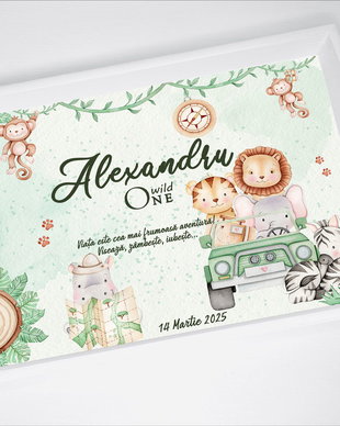 Set aniversar personalizat 1 anisor - Safari Adventure - Tavita mot si accesorii