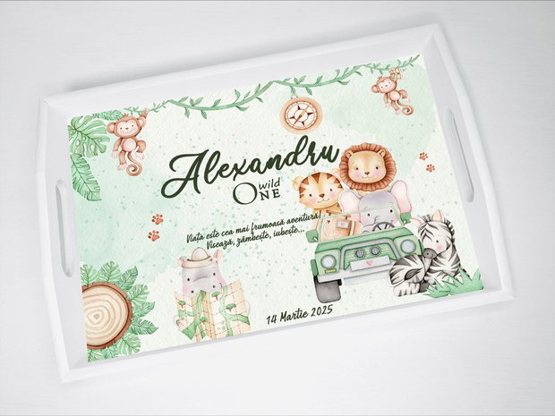 Set aniversar personalizat 1 anisor - Safari Adventure - Tavita mot si accesorii