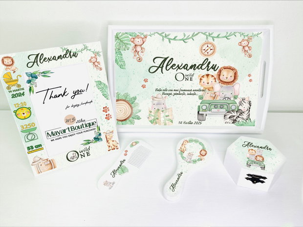 Set aniversar personalizat 1 anisor - Safari Adventure - Tavita mot si accesorii