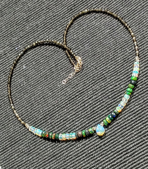 Colier argint opal de foc etiopian alb negru fatetat picatura piatra lunii neagra minimalist boho chic trendy cadou - Transport gratuit
