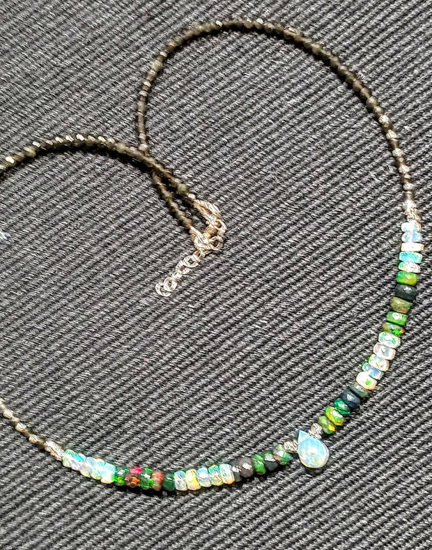 Colier argint opal de foc etiopian alb negru fatetat picatura piatra lunii neagra minimalist boho chic trendy cadou - Transport gratuit