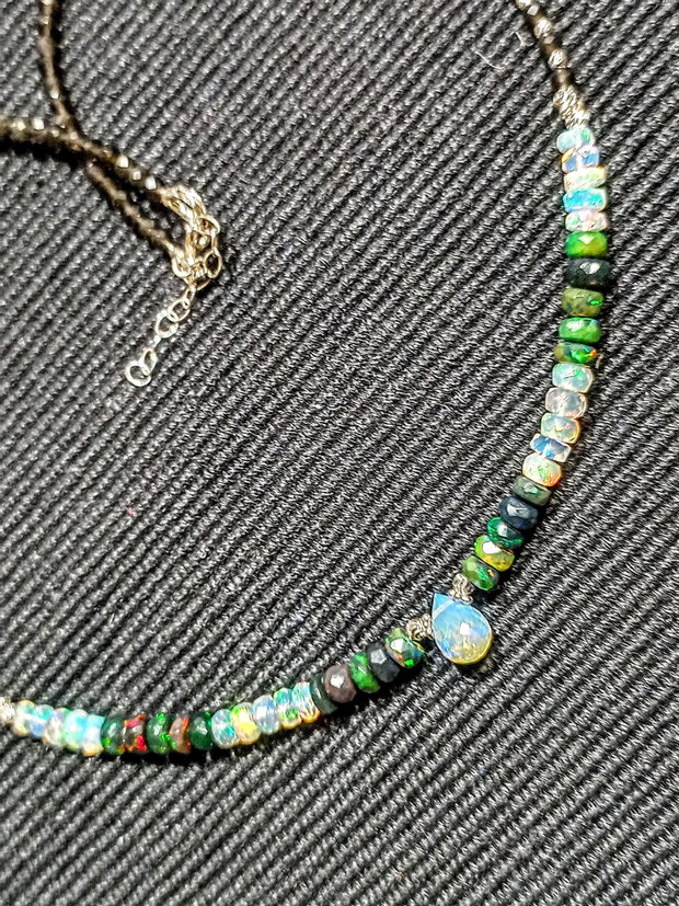 Colier argint opal de foc etiopian alb negru fatetat picatura piatra lunii neagra minimalist boho chic trendy cadou - Transport gratuit