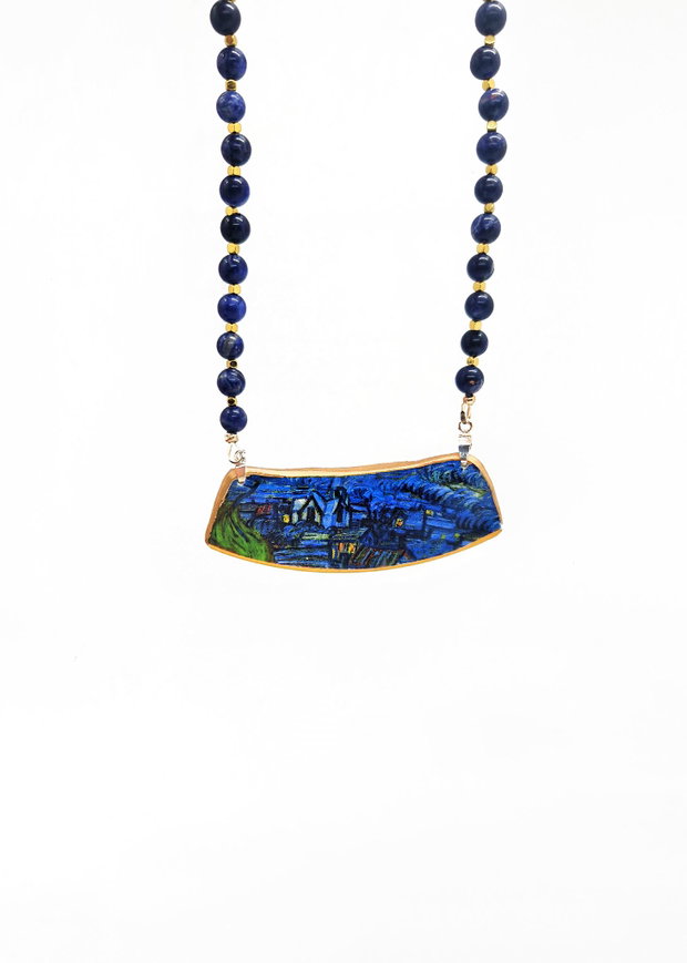 Colier "Van Gogh-Blue Houses" din fragment de portelan, argint si Lapis Lazuli