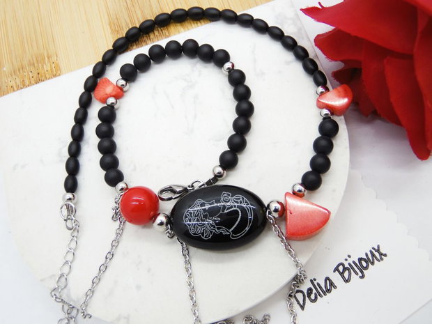 Colier handmade unicat - coral, onix, scoica (cod1211)