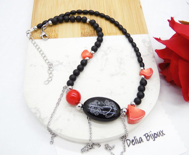 Colier handmade unicat - coral, onix, scoica (cod1211)