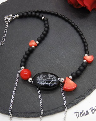 Colier handmade unicat - coral, onix, scoica (cod1211)